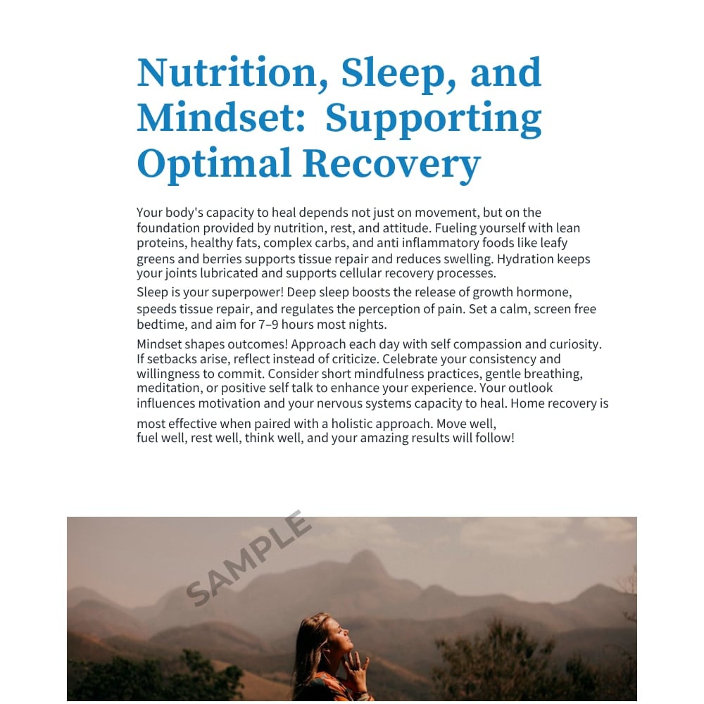 Person meditating on a mountain overlooking misty peaks with text about nutrition, sleep, and mindset for optimal recovery