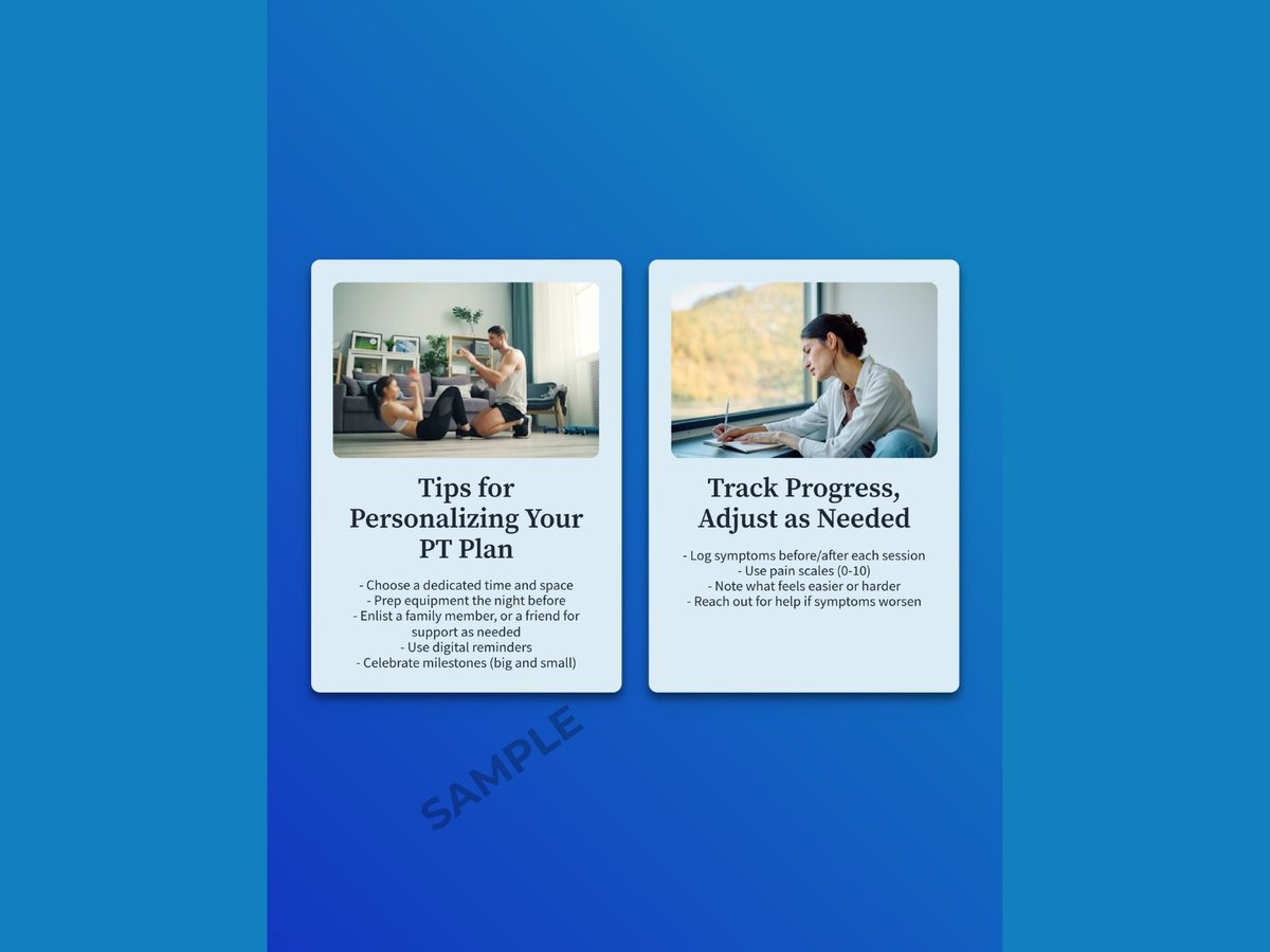 Two white cards on a blue background displaying fitness tips: Tips for Personalizing Your PT Plan and Track Progress, Adjust as Needed with instructional text and images
